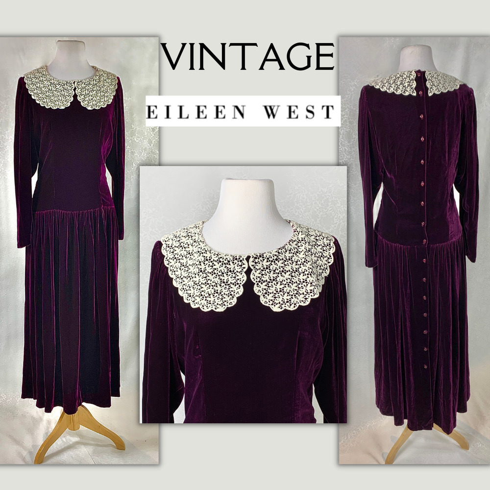 Vtg 80s 90s EileenWest Velvet Crochet Collar CottageCore ShabbyChic Christmas